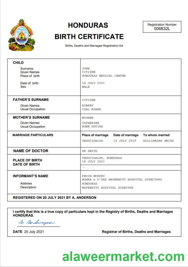 Honduras birth certificate Word and PDF template